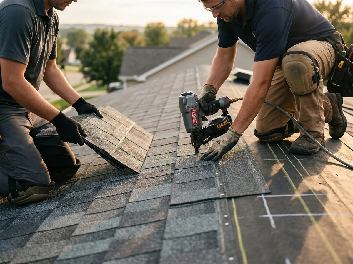 Professional roofer working on a residential roof in El Campo
